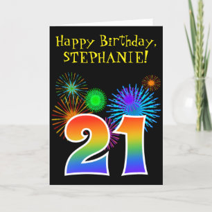 Fun Fireworks + Rainbow Pattern "21" Birthday # Card