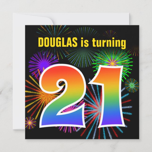 Fun Fireworks + Rainbow Pattern "21" Birthday # Invitation (Front)