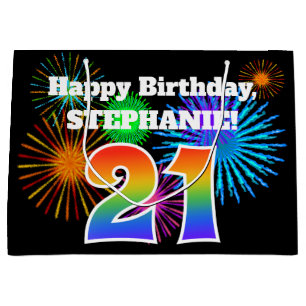 Fun Fireworks + Rainbow Pattern "21" Birthday # Large Gift Bag