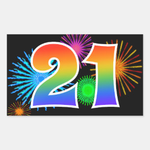 Fun Fireworks + Rainbow Pattern "21" Event Number Rectangular Sticker