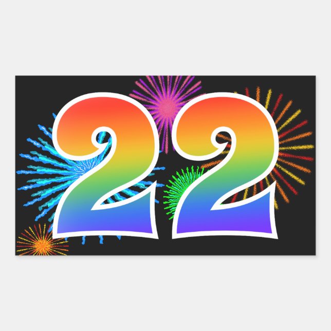 Fun Fireworks + Rainbow Pattern "22" Event Number Rectangular Sticker (Front)