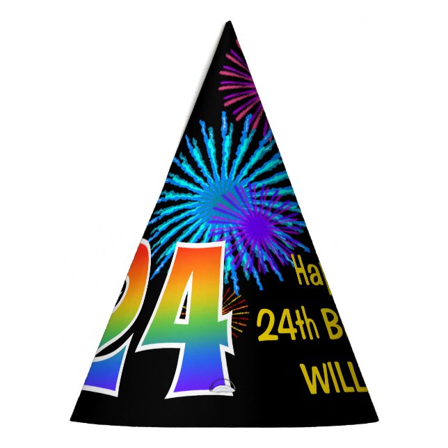 Fun Fireworks + Rainbow Pattern "24" Birthday # Party Hat (Left)