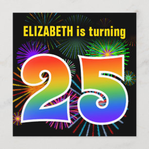 Fun Fireworks + Rainbow Pattern "25" Birthday # Invitation