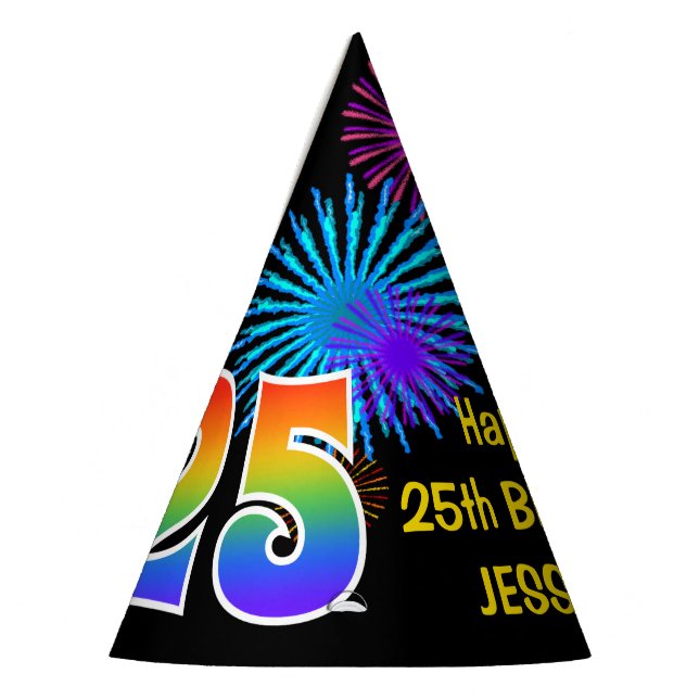 Fun Fireworks + Rainbow Pattern "25" Birthday # Party Hat (Left)