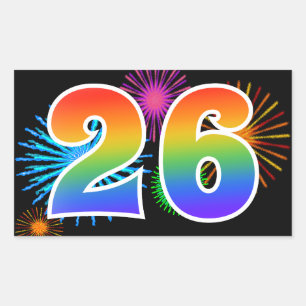 Fun Fireworks + Rainbow Pattern "26" Event Number Rectangular Sticker