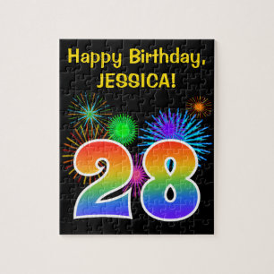 Fun Fireworks + Rainbow Pattern "28" Birthday # Jigsaw Puzzle