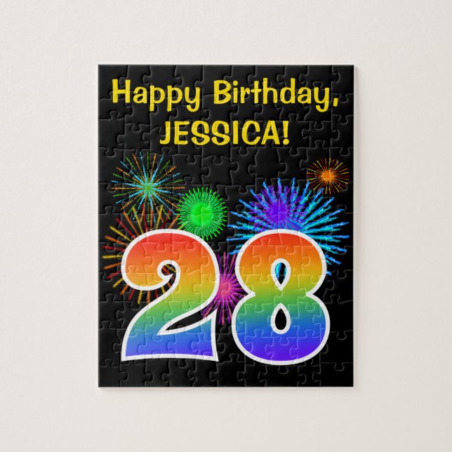 Fun Fireworks + Rainbow Pattern "28" Birthday # Jigsaw Puzzle (Vertical)