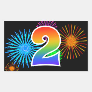 Fun Fireworks + Rainbow Pattern "2" Event Number Rectangular Sticker