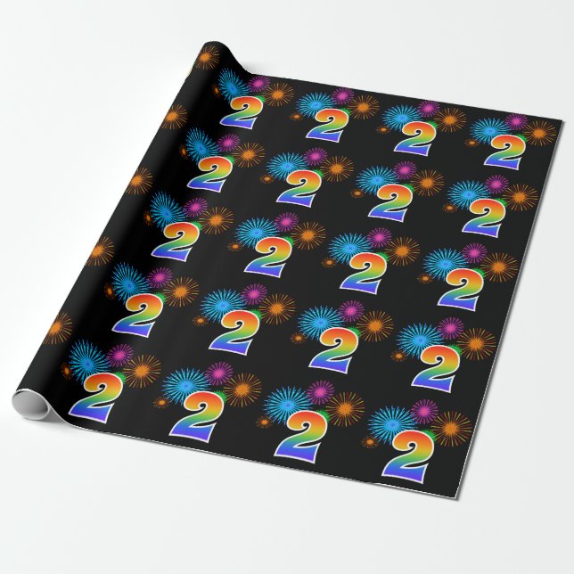Fun Fireworks + Rainbow Pattern "2" Event Number Wrapping Paper (Unrolled)