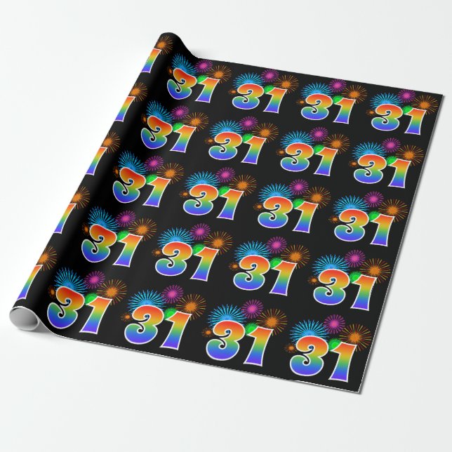 Fun Fireworks + Rainbow Pattern "31" Event Number Wrapping Paper (Unrolled)