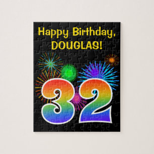 Fun Fireworks + Rainbow Pattern "32" Birthday # Jigsaw Puzzle
