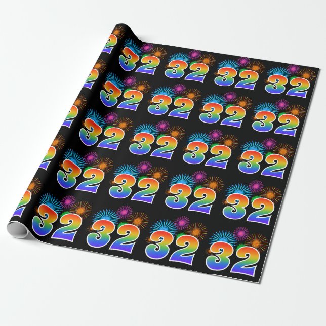 Fun Fireworks + Rainbow Pattern "32" Event Number Wrapping Paper (Unrolled)