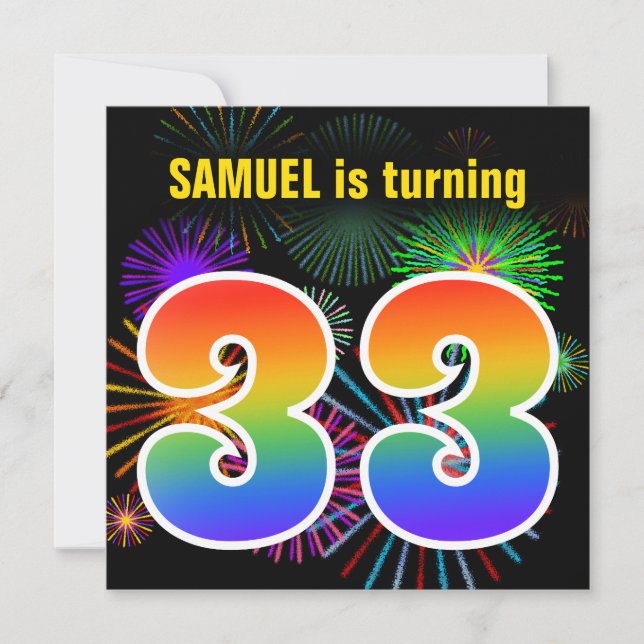Fun Fireworks + Rainbow Pattern "33" Birthday # Invitation (Front)
