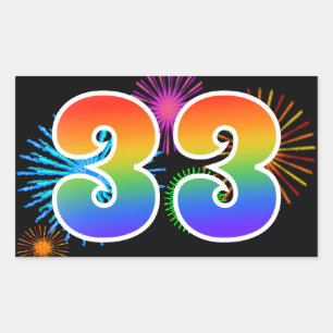Fun Fireworks + Rainbow Pattern "33" Event Number Rectangular Sticker