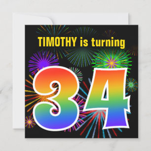 Fun Fireworks + Rainbow Pattern "34" Birthday # Invitation