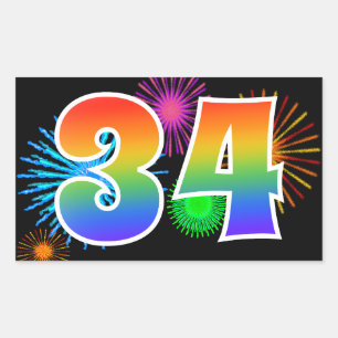 Fun Fireworks + Rainbow Pattern "34" Event Number Rectangular Sticker