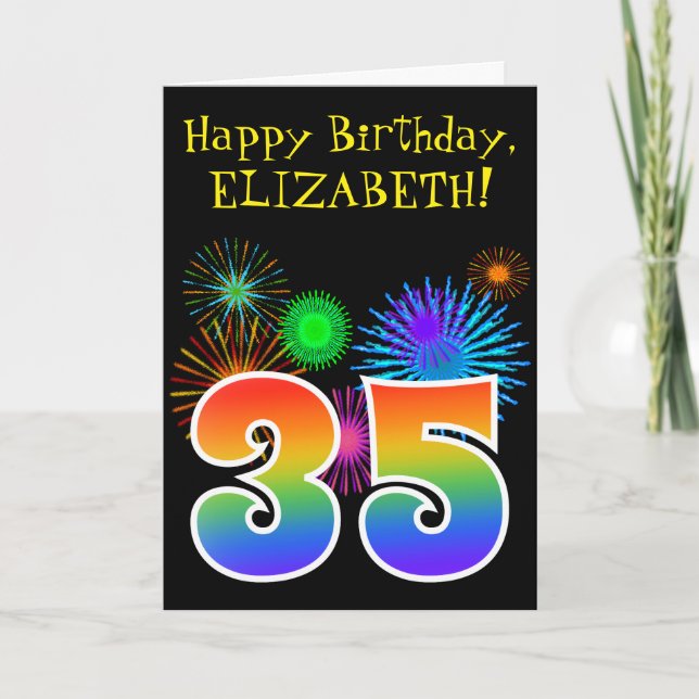 Fun Fireworks + Rainbow Pattern "35" Birthday # Card (Front)