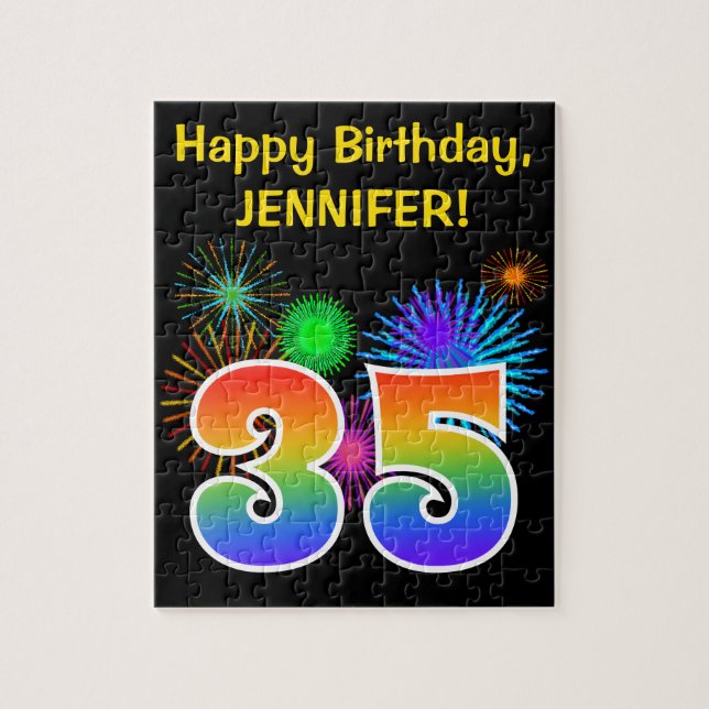 Fun Fireworks + Rainbow Pattern "35" Birthday # Jigsaw Puzzle (Vertical)