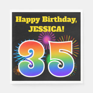 Fun Fireworks + Rainbow Pattern "35" Birthday # Napkin