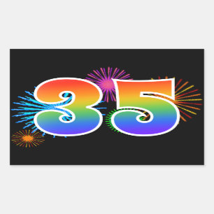 Fun Fireworks + Rainbow Pattern "35" Event Number Rectangular Sticker