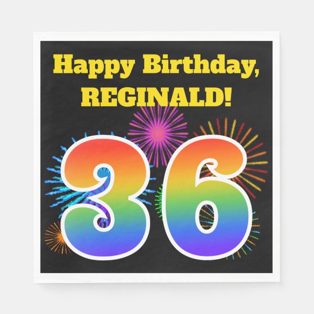 Fun Fireworks + Rainbow Pattern "36" Birthday # Napkin (Front)