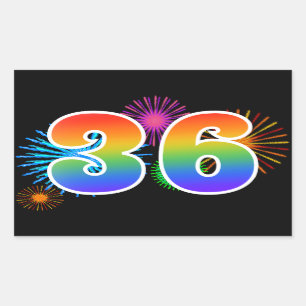 Fun Fireworks + Rainbow Pattern "36" Event Number Rectangular Sticker