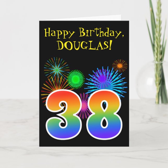 Fun Fireworks + Rainbow Pattern "38" Birthday # Card (Front)