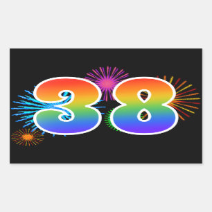 Fun Fireworks + Rainbow Pattern "38" Event Number Rectangular Sticker