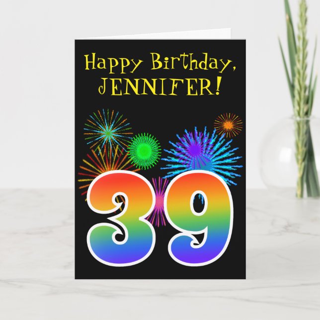 Fun Fireworks + Rainbow Pattern "39" Birthday # Card (Front)