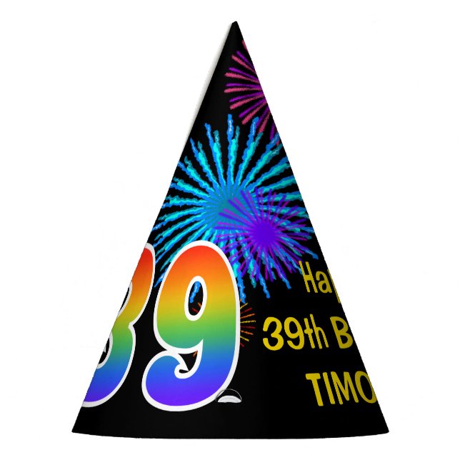 Fun Fireworks + Rainbow Pattern "39" Birthday # Party Hat (Left)