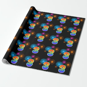 Fun Fireworks + Rainbow Pattern "3" Event Number Wrapping Paper