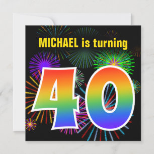 Fun Fireworks + Rainbow Pattern "40" Birthday # Invitation
