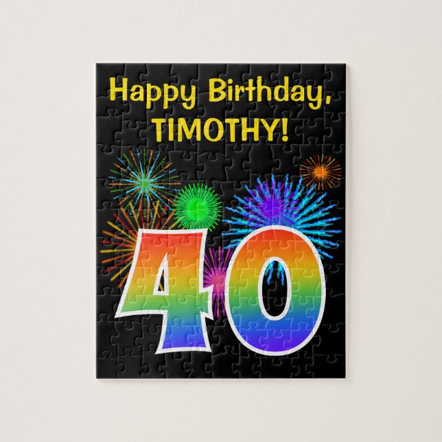 Fun Fireworks + Rainbow Pattern "40" Birthday # Jigsaw Puzzle (Vertical)