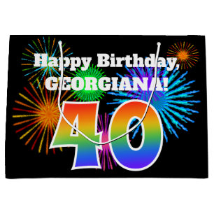 Fun Fireworks + Rainbow Pattern "40" Birthday # Large Gift Bag