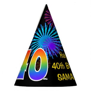 Fun Fireworks + Rainbow Pattern "40" Birthday # Party Hat