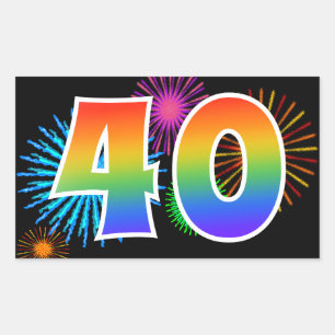 Fun Fireworks + Rainbow Pattern "40" Event Number Rectangular Sticker