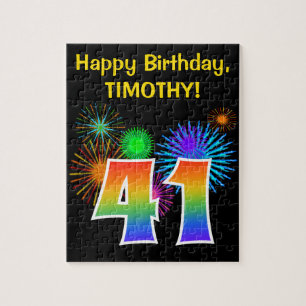 Fun Fireworks + Rainbow Pattern "41" Birthday # Jigsaw Puzzle
