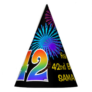 Fun Fireworks + Rainbow Pattern "42" Birthday # Party Hat