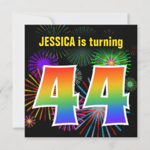 Fun Fireworks + Rainbow Pattern "44" Birthday # Invitation