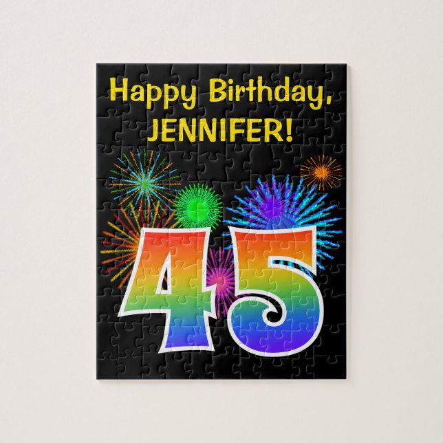 Fun Fireworks + Rainbow Pattern "45" Birthday # Jigsaw Puzzle (Vertical)