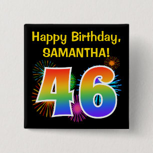 Fun Fireworks + Rainbow Pattern "46" Birthday # 15 Cm Square Badge