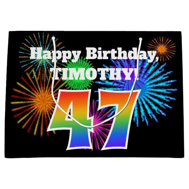 Fun Fireworks + Rainbow Pattern "47" Birthday # Large Gift Bag (Front)