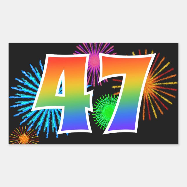 Fun Fireworks + Rainbow Pattern "47" Event Number Rectangular Sticker (Front)