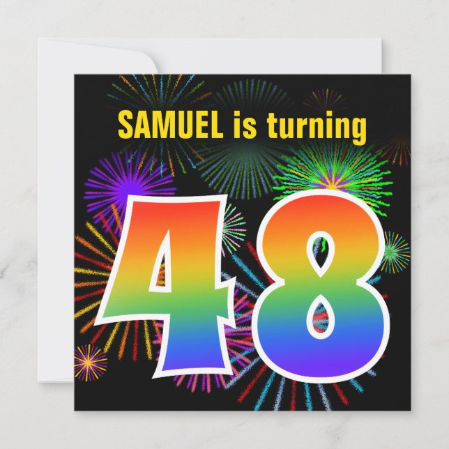 Fun Fireworks + Rainbow Pattern "48" Birthday # Invitation (Front)