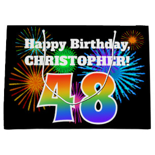 Fun Fireworks + Rainbow Pattern "48" Birthday # Large Gift Bag