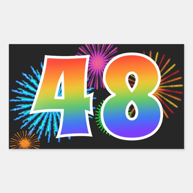 Fun Fireworks + Rainbow Pattern "48" Event Number Rectangular Sticker (Front)