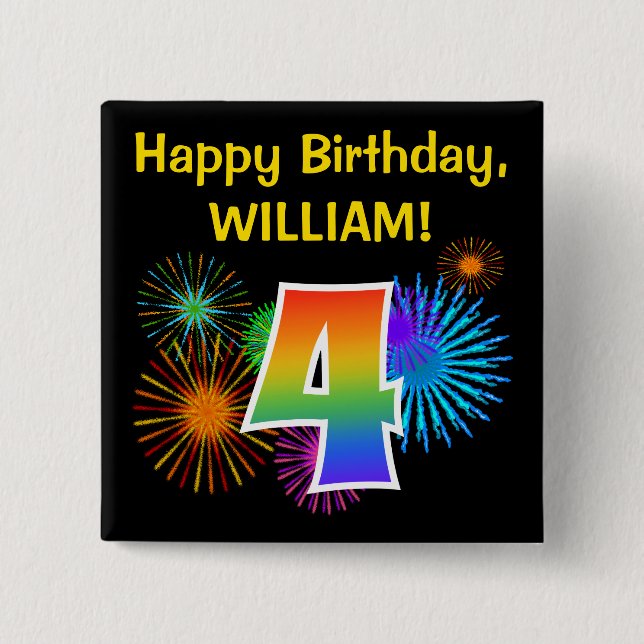 Fun Fireworks + Rainbow Pattern "4" Birthday # 15 Cm Square Badge (Front)