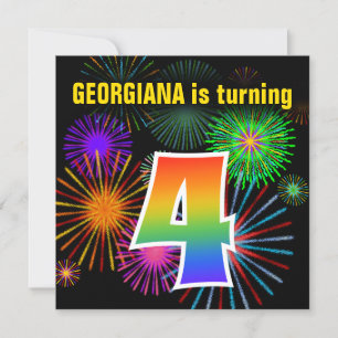 Fun Fireworks + Rainbow Pattern "4" Birthday # Invitation