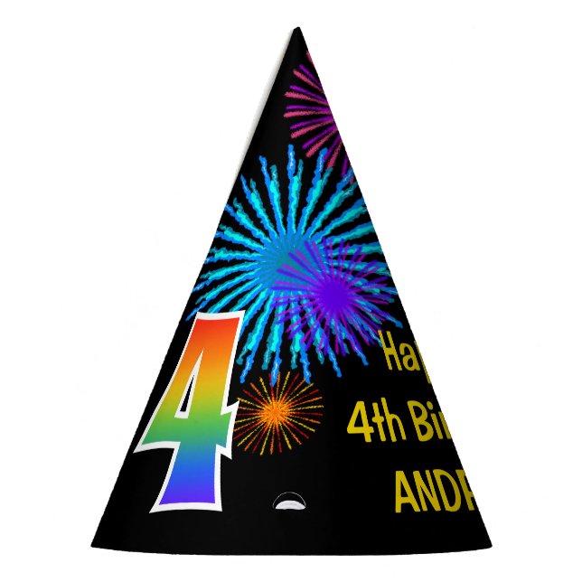 Fun Fireworks + Rainbow Pattern "4" Birthday # Party Hat (Left)