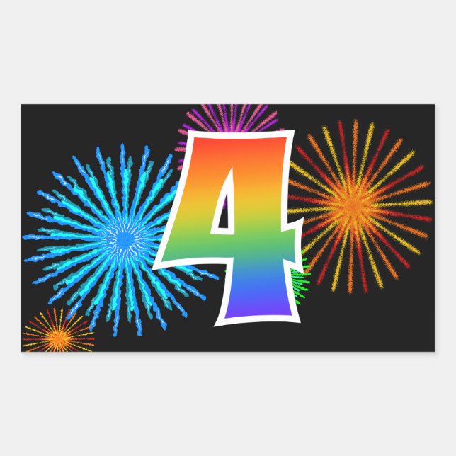 Fun Fireworks + Rainbow Pattern "4" Event Number Rectangular Sticker (Front)